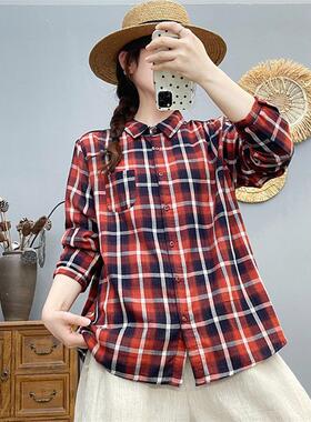 格子衬衫女 新款早秋复古宽松小个子黄色纯棉长袖叠穿打底衬衣