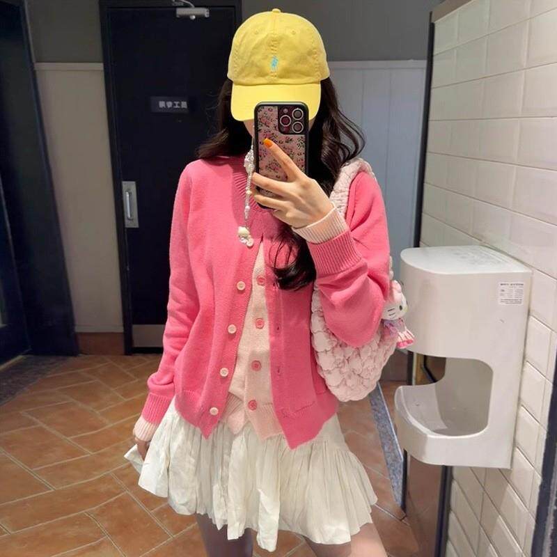 开春韩系穿搭粉色假两件毛衣外套女春秋2025新款针织开衫内搭上衣