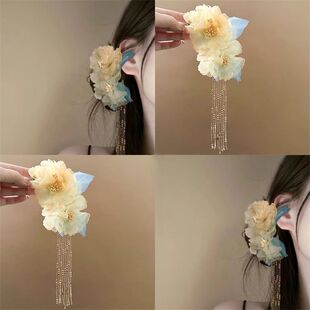 入画江南!黄色牡丹发夹!小清新烫花边夹汉服流苏头饰盘发器发饰