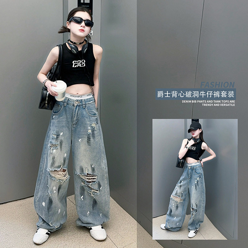 2025女童装夏季新款韩系时尚休闲百搭破洞牛仔裤蓝色时髦阔腿裤潮,童装/婴儿装/亲子装,儿童牛仔裤,淘宝优惠券,粉丝福利购,淘宝优惠卷