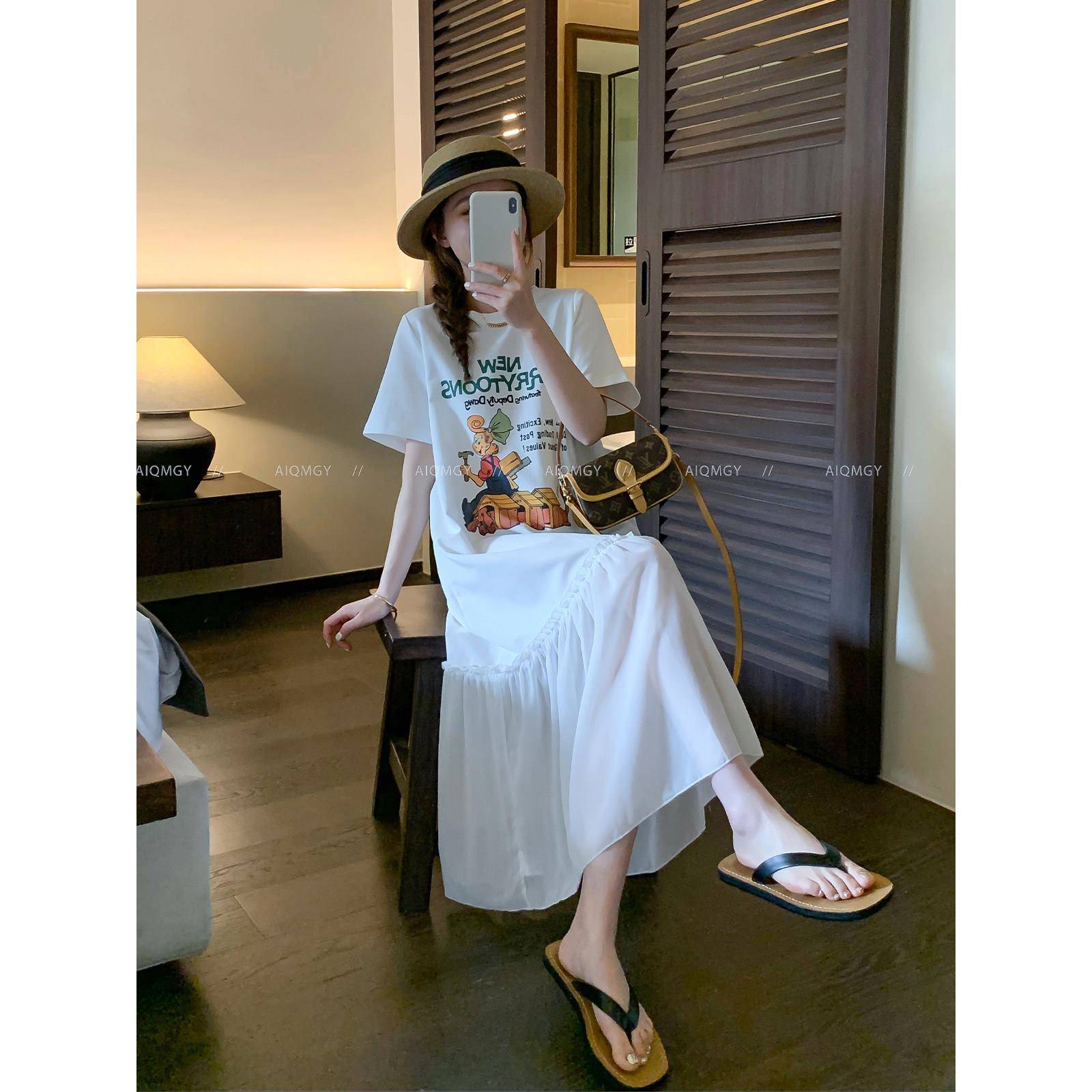 爱情魔鬼鱼 短袖圆领印花T恤洋装女2026夏季新款宽松拼接长裙子