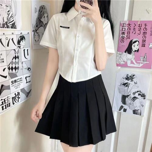 网红学院风小个子穿搭短袖收腰白衬衫百褶裙jk制服两件套装女夏季