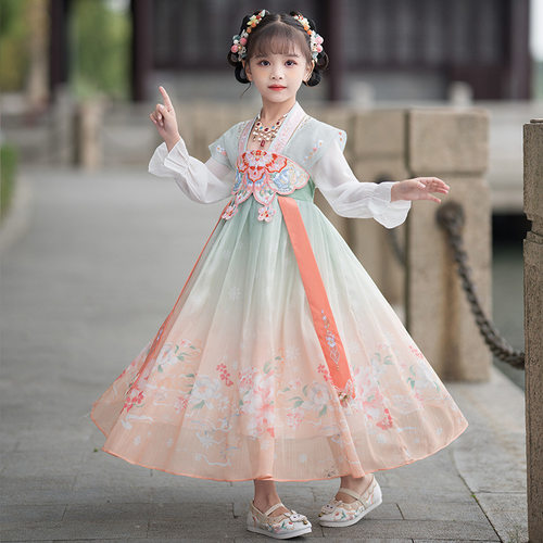 汉服女童春秋长袖儿童中国风古装唐装古风连衣裙裙子小女孩新中式