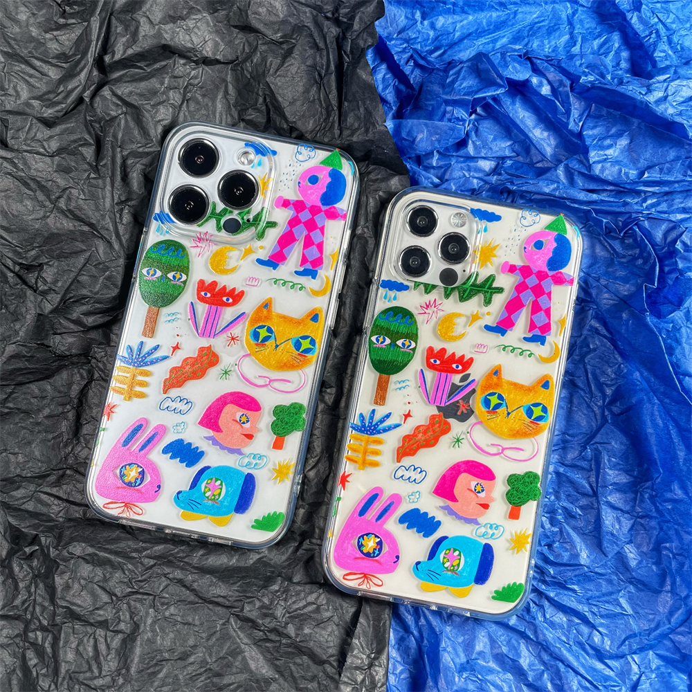 不撞壳儿卡通插画适用iPhone15promax个性搞怪手机壳可爱女孩苹果14透明套13