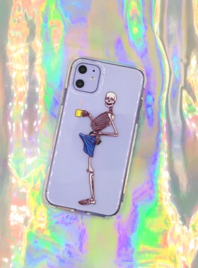 不撞壳儿趣味小众个性骷髅手机壳适用iPhone14promax透明全包软壳苹果13保护套紫色插画