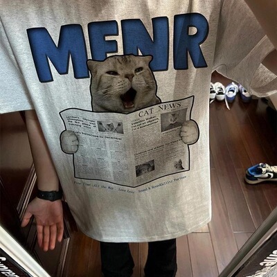 美式夏季报纸小猫宽松印花短袖男女潮牌百搭重磅白灰色T恤上衣