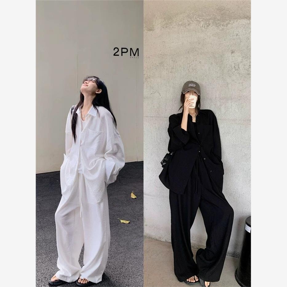 2025超火穿搭一整套女夏慵懒风酷飒拽姐棉麻衬衫阔腿裤防晒两件套