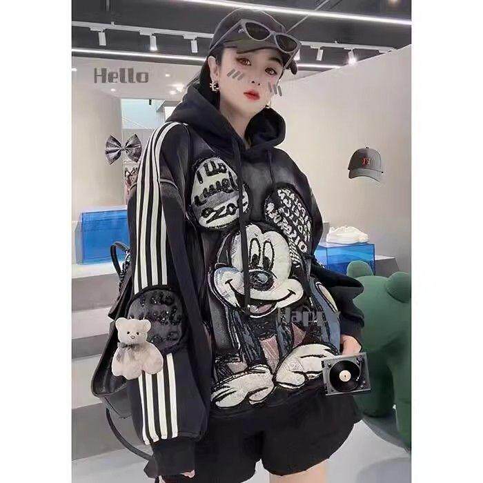特大码2-300斤胖m港风宽松复古chic上衣米奇贴布刺绣加绒卫衣女潮