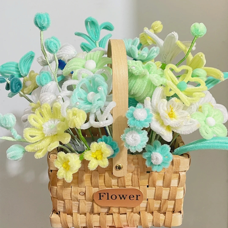 毛根扭扭棒花篮花束手工diy材料包幼儿园网红绒花毛条加密扭扭棒