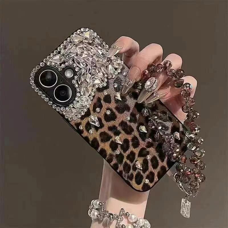 苹果16pro手机壳豹纹新款镶钻适用15promax保护套挂绳女款iPhone16网红热卖款14promax全包防摔壳1