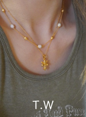 T.W法式优雅通体925纯银高级感轻奢复古满钻松果金豆豆气质锁骨链