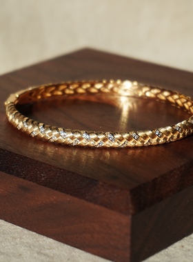 T.W小众轻奢意大利拉丝工艺925银镀18K金镶钻麦穗编织麻花手镯女