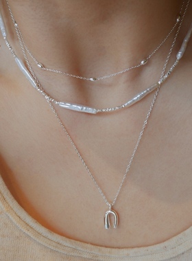 T.W原创手欧美风串珠925碎银细闪天然巴洛克牙签形珍珠叠戴项链