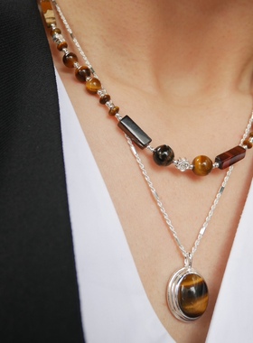 沙漠玫瑰T.W原创手作通体925纯银ins美拉德风温柔气质虎眼石项链