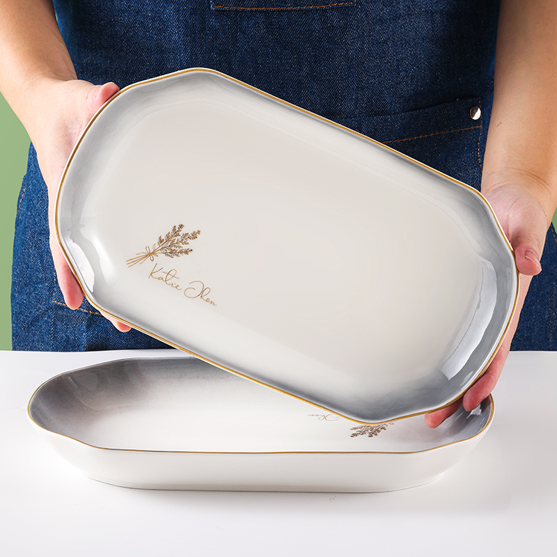 蒸鱼盘家用陶瓷大盘子2022新款创意长方形鱼盘金边简约大号盘子