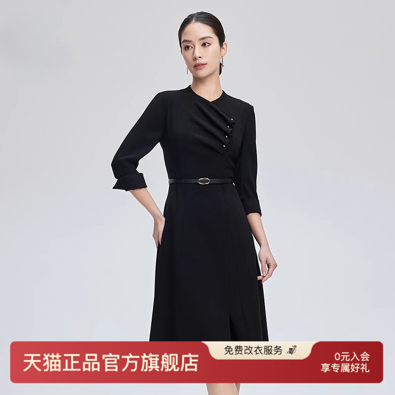 赢智尚黑色收腰修身醋酸连衣裙