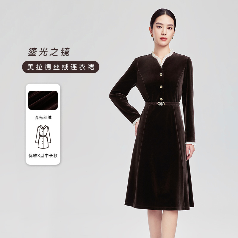赢智尚荷叶边领撞色丝绒连衣裙