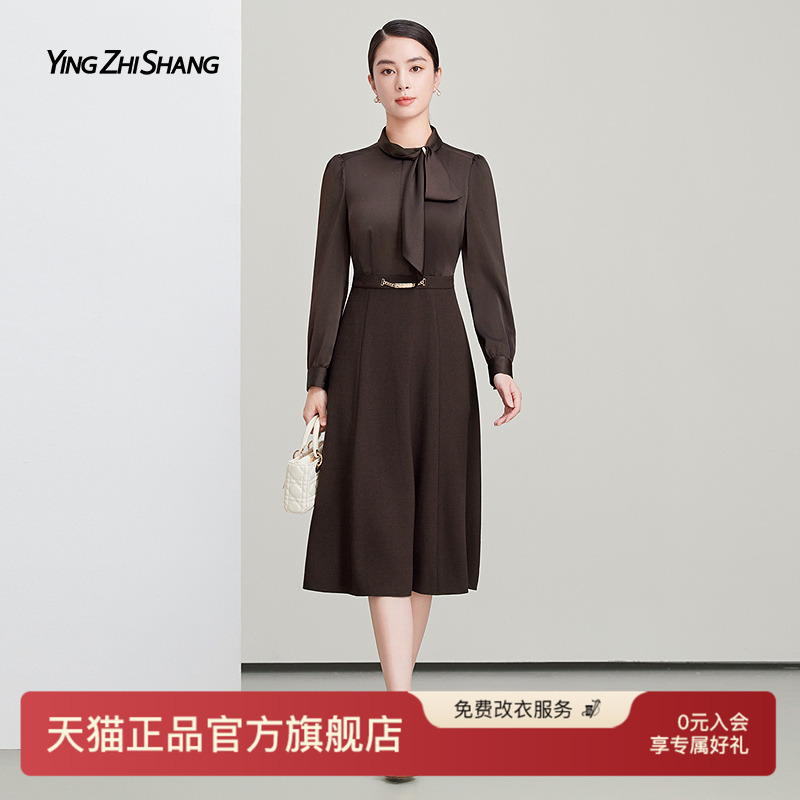 正式场合轻奢醋酸丝巾领连衣裙