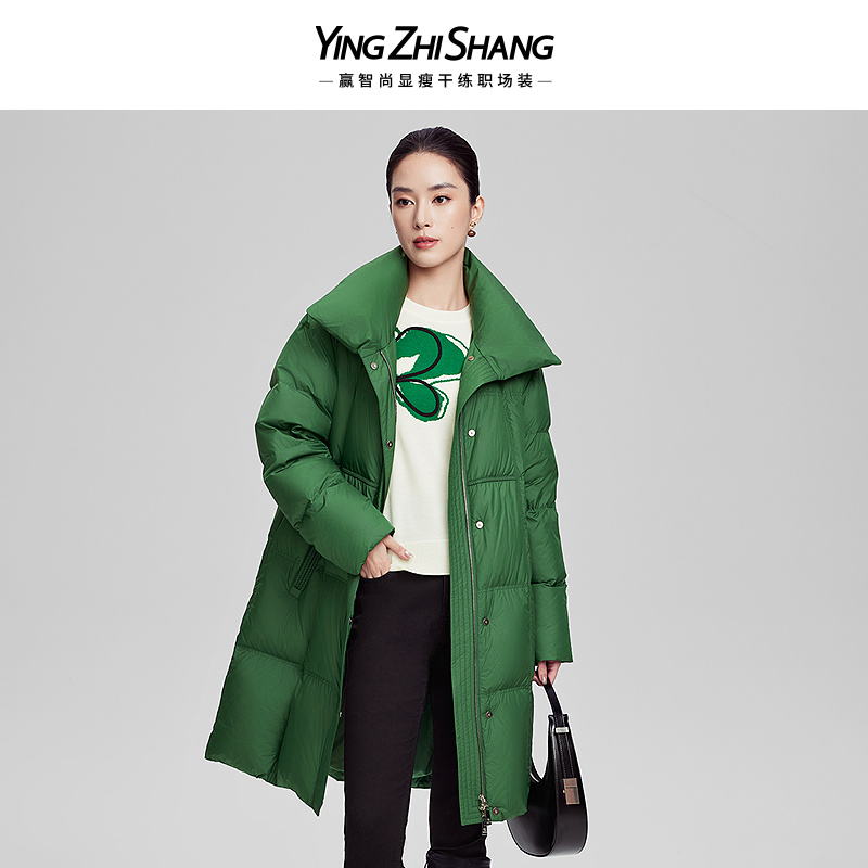 赢智尚立领鹅绒羽绒服女款冬季中长款绿色面包服有质感厚外套棉衣