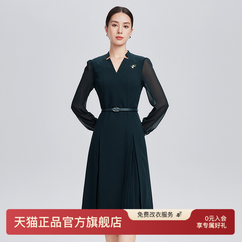 赢智尚职场松柏绿醋酸连衣裙