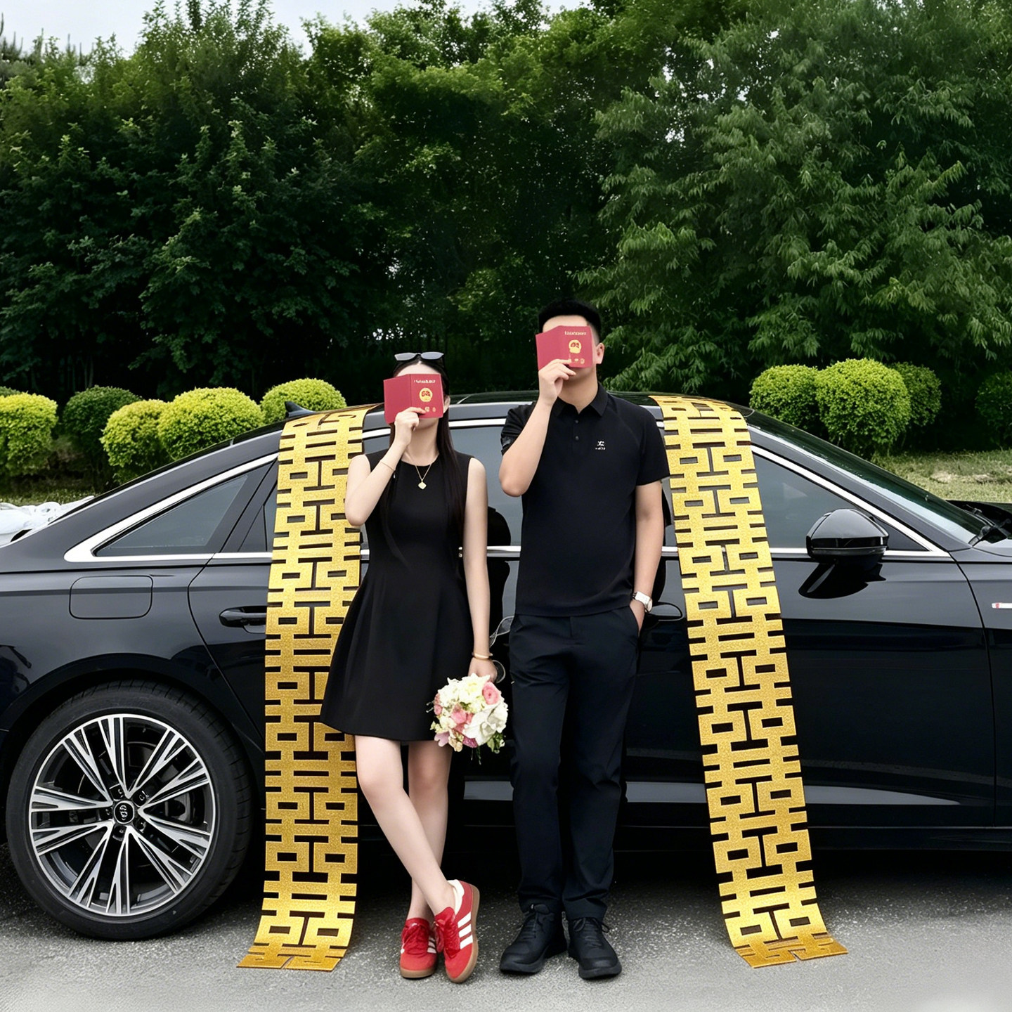 结婚领证拍照金色长条喜字拉花图片