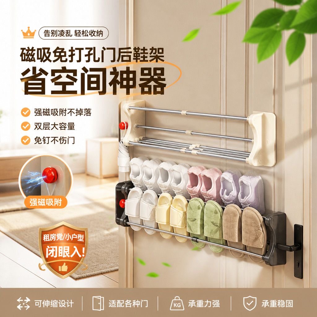 磁吸固定鞋架免打孔安装家用门后壁挂鞋子收纳置物架