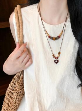 复古木质串珠土星长款毛衣链女