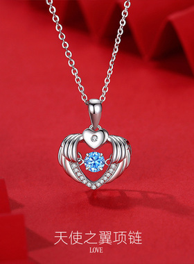 天使之翼项链足银跳动的心锁骨链