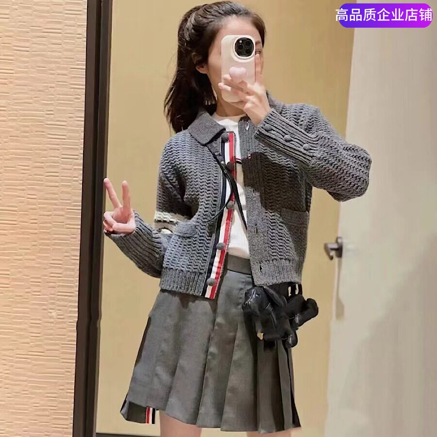 THHB TB粗线开衫羊毛针织POLO翻领外套简约经典四杠纯色休闲毛衣