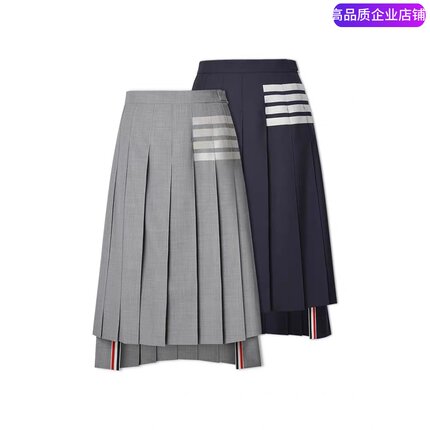 秋冬款THHB TB长裙百褶裙四杠高腰显瘦短裙前短后长羊毛半身裙