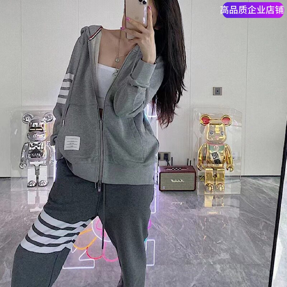 TB四杠连帽拉链卫衣帽衫纯棉色织经典宽松男女情侣上衣开衫外套潮