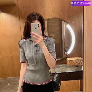 THHB TB夏季短袖针织polo衫翻领学院风修身显瘦绑带纯棉短款上衣