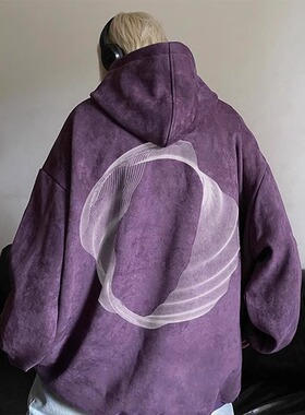 特大码300斤紫色麂皮绒连帽卫衣美式高街男春秋西海岸hiphop外套2