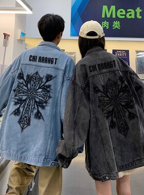 特大码300斤高街十字架牛仔外套