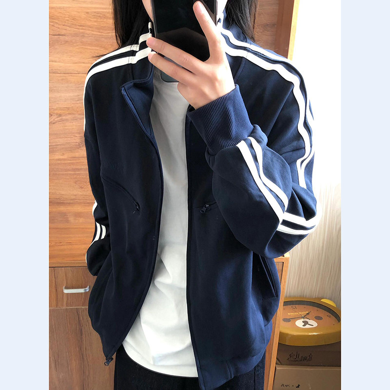 特大码300斤美式条纹开衫卫衣男女春秋藏蓝色拉链外套运动服夹克2