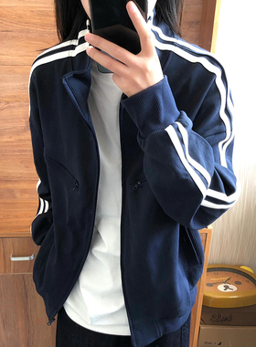 特大码300斤美式条纹开衫卫衣男女春秋藏蓝色拉链外套运动服夹克2