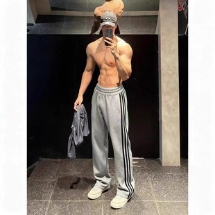 大码300斤美式三条杠健身运动卫裤男款硬汉风条纹裤子加绒直筒裤2