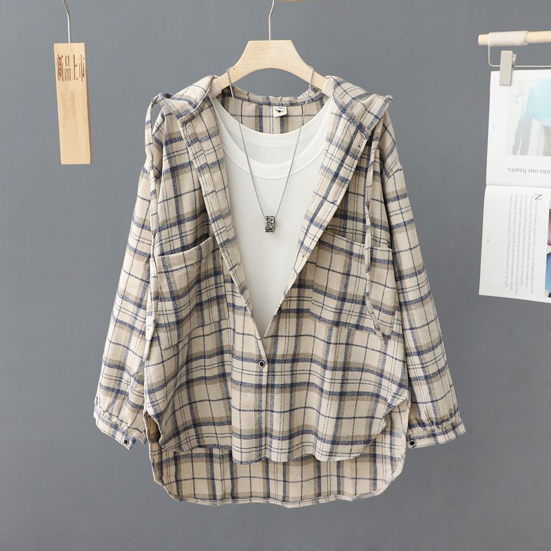 大码300斤格子连帽长袖衬衫男