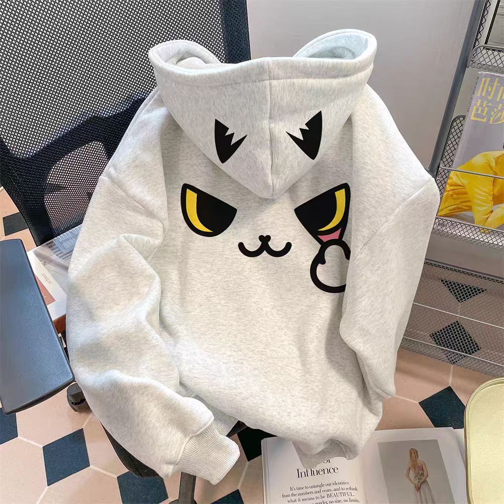 重磅高街印花猫咪连帽卫衣男女冬