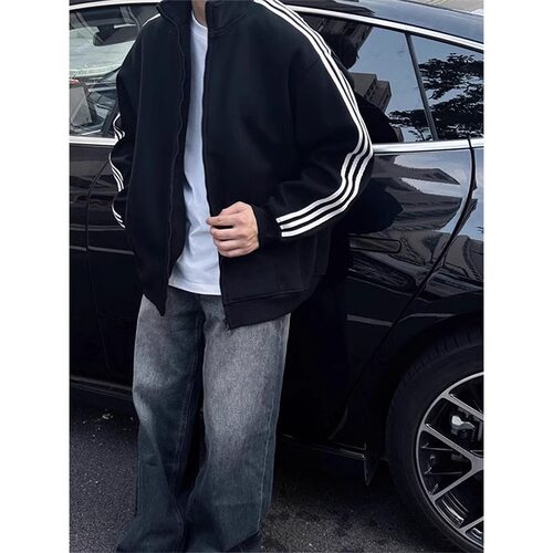 大码300斤美式三条杠开衫外套男