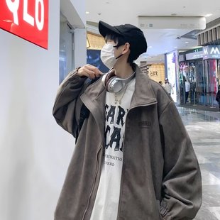 特大码 复古棒球服宽松休闲夹克2 300斤麂皮绒外套男春秋季 潮牌美式