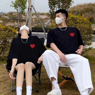 T恤男女夏季 短袖 潮牌宽松正肩爱心印花纯棉上衣 300斤情侣装 特大码