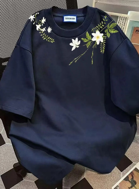 特大码300斤复古潮牌花卉印花短袖T恤男女夏季情侣百搭宽松半袖衫