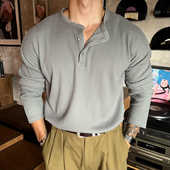 大码 T恤上衣 高街潮牌显瘦长袖 300斤亨利领华夫格宽松打底衫 男春季