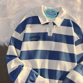 300斤非正式 学院风男春秋季 条纹polo衫 特大码 女宽松长袖 翻领卫衣2