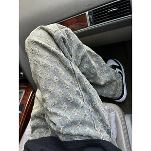 特大码300斤满印提花牛仔裤男春秋ins潮牌炸街痞帅美式高街直筒裤