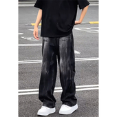 大码 复古直筒阔腿裤 300斤闪电纹黑色牛仔裤 男春秋高级感痞帅美式