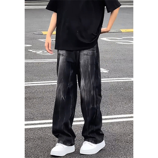 大码300斤闪电纹黑色牛仔裤男春秋高级感痞帅美式复古直筒阔腿裤2