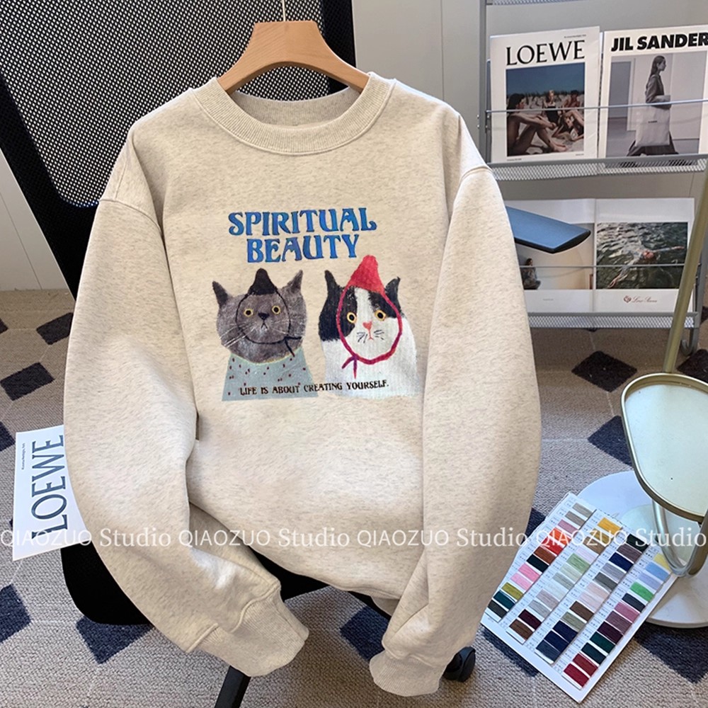 大码300斤美式复古猫咪无帽卫衣