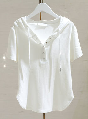 特大码300斤连帽短袖T恤男女装夏季薄宽松百搭抽绳体恤上衣简约潮